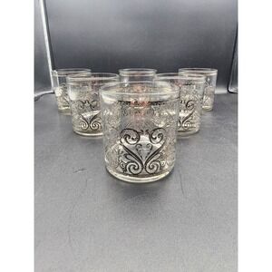 6 Silver Scroll Old Fashioned Low Ball Tumblers Barware Man Cave VTG 60's Style